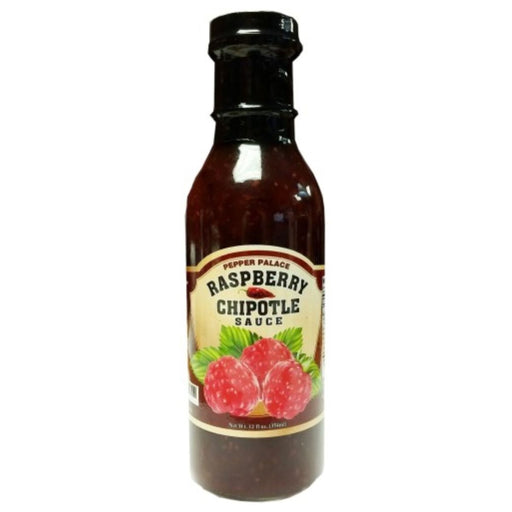 Bottle of Raspberry Chipotle sauce with a label on a white background