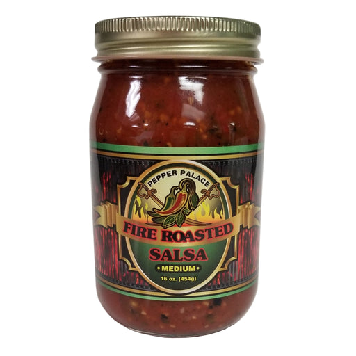 Jar of Pepper Palace Fire Roasted Salsa on a white background