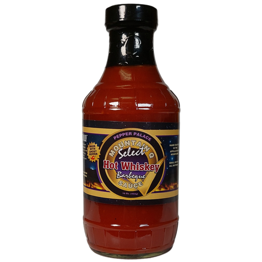 Bottle of Mountain Select Hot Whiskey Barbeque Sauce on a white background