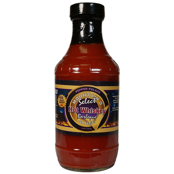 Bottle of Mountain Select Hot Whiskey Barbeque Sauce on a white background