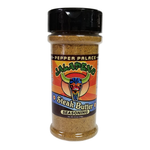 Jalapeno Steak Butter seasoning jar with black lid on a white background