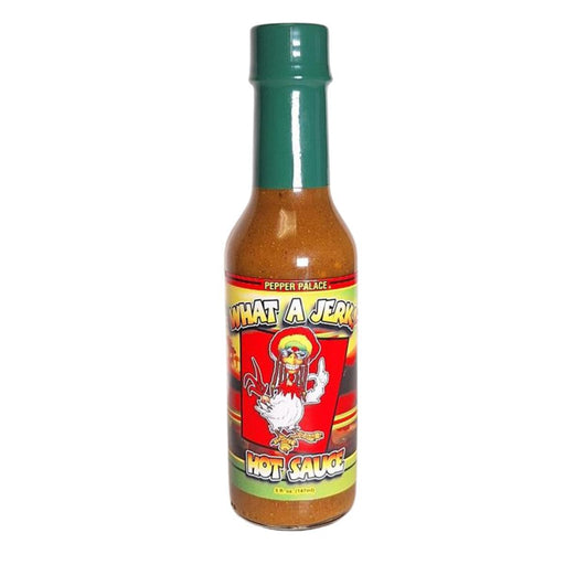 Bottle of 'What A Jerk' hot sauce with a colorful label on a white background