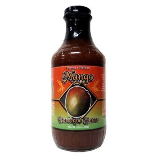 Bottle of Pepper Palace Mango Barbeque Sauce on a white background