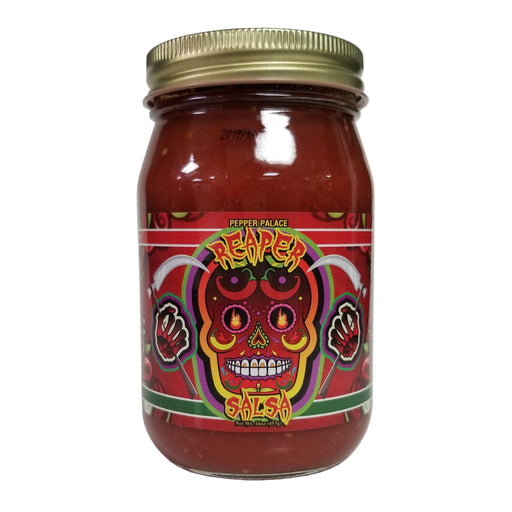 Jar of salsa with colorful label on a white background