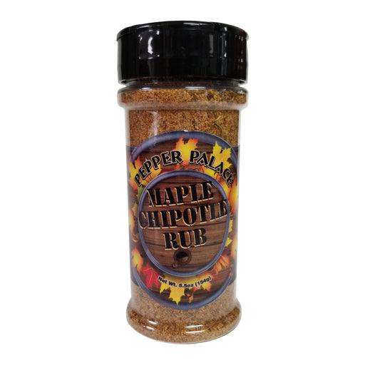 Bottle of Pepper Palace Maple Chipotle Rub on a white background