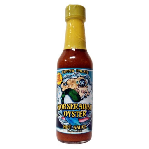 Bottle of Pepper Palace Horseradish Oyster Hot Sauce on a white background