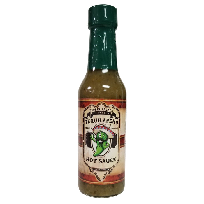 Bottle of Tequilapeno hot sauce with a green cap on a white background