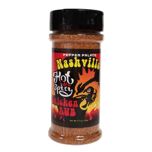 Bottle of Nashville Hot & Spicy Chicken Rub with a colorful label on a white background