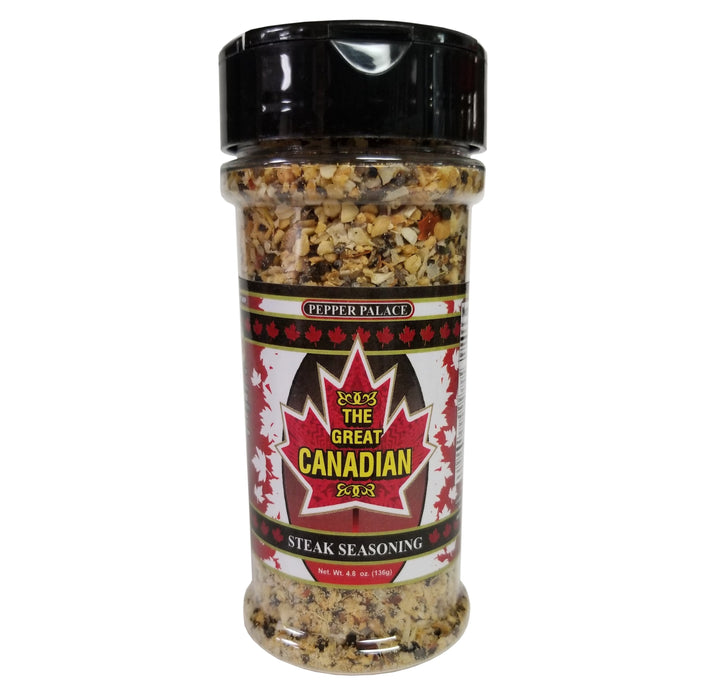 Jar of 'The Great Canadian' steak seasoning with a black lid on a white background