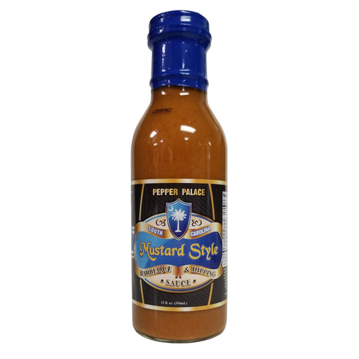 Bottle of Pepper Palace Mustard Style barbecue sauce with a blue cap on a white background