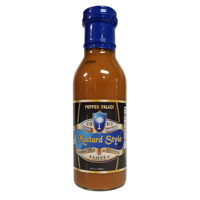 Bottle of Pepper Palace Mustard Style barbecue sauce with a blue cap on a white background