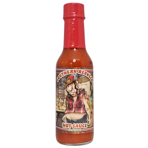 Bottle of Southern Redneck hot sauce with a colorful label on a white background