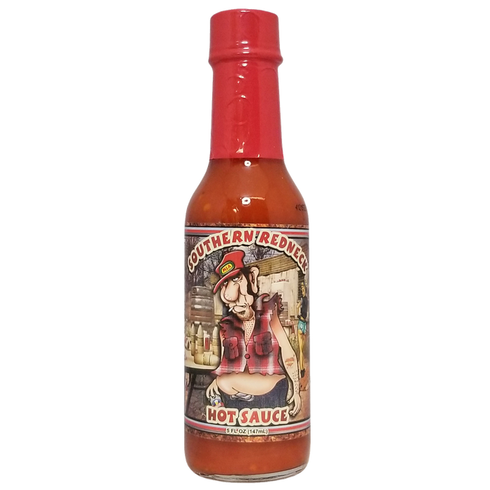 Bottle of Southern Redneck hot sauce with a colorful label on a white background