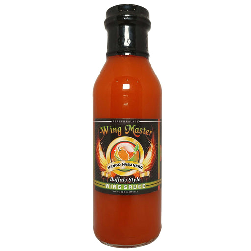 Bottle of Wing Master Mango Habanero Buffalo Style Wing Sauce on a white background