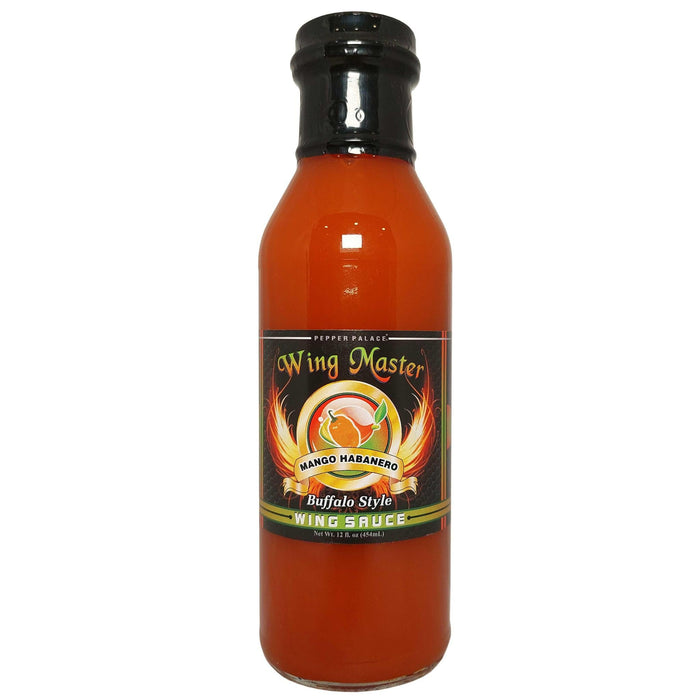 Bottle of Wing Master Mango Habanero Buffalo Style Wing Sauce on a white background