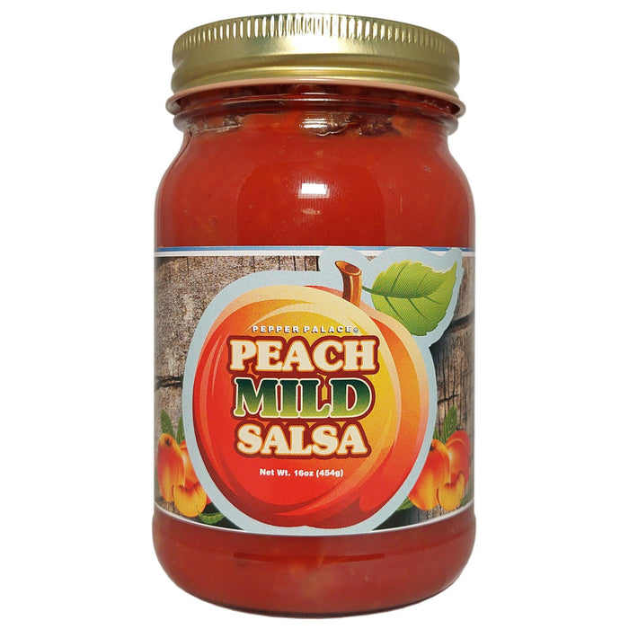 Jar of Peach Mild Salsa with a gold lid on a white background