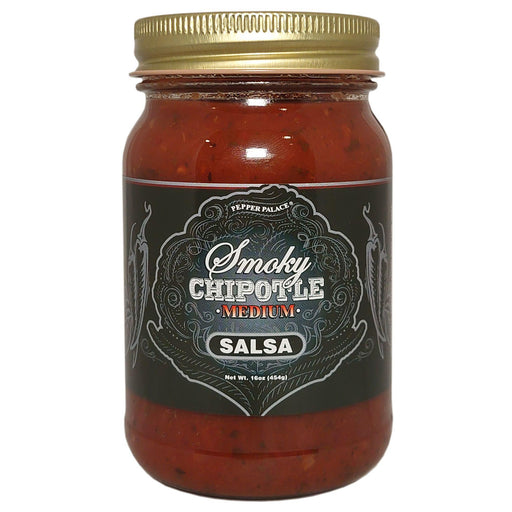 Jar of smoky chipotle salsa with a gold lid on a white background