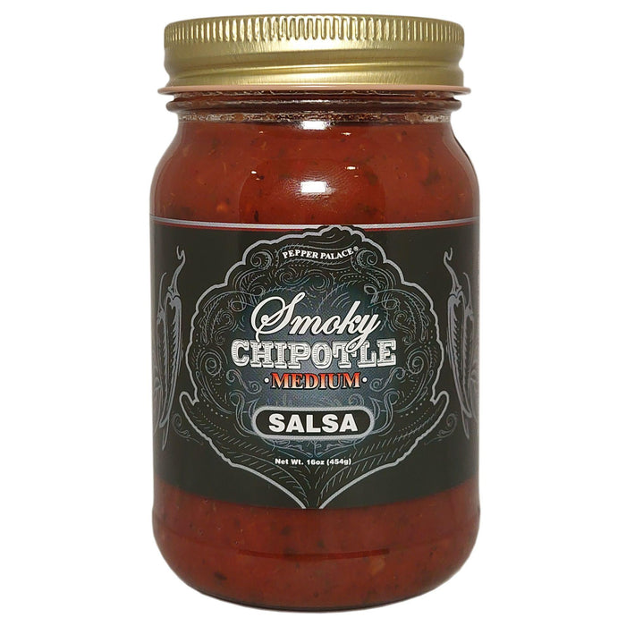 Jar of smoky chipotle salsa with a gold lid on a white background