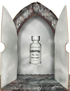 Purgatory Hot sauce bottle in a decorative archway with a neutral background