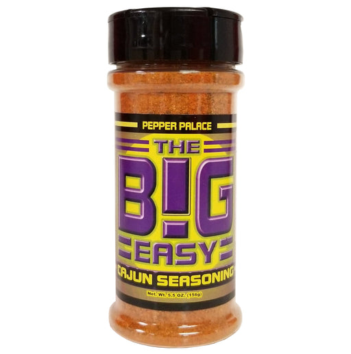 Shaker of 'The Big Easy' Cajun seasoning with colorful label on a white background
