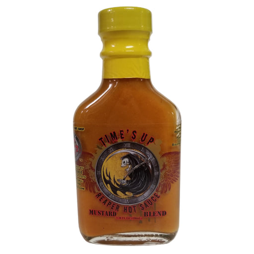 Bottle of Times Up Reaper Hot Sauce Mustard Blend on a white background