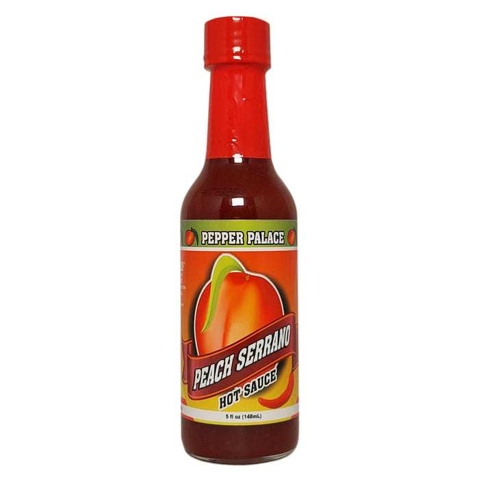 Bottle of Pepper Palace Peach Serrano hot sauce on a white background