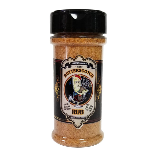 Jar of Butterscotch Rub with a black lid on a white background