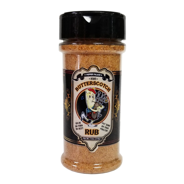 Jar of Butterscotch Rub with a black lid on a white background