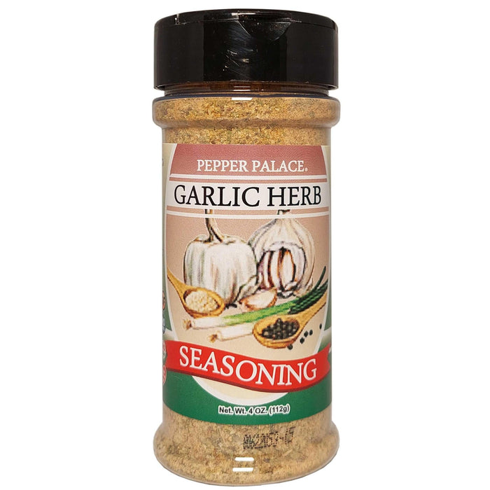 Jar of Pepper Palace Garlic Herb seasoning on a white background