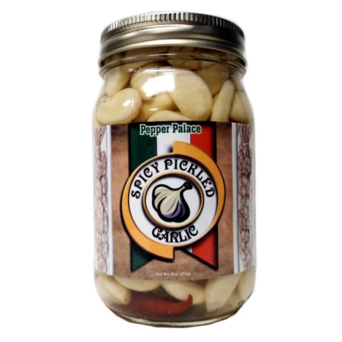 Jar of Pepper Palace Spicy Pickled Garlic on a white background