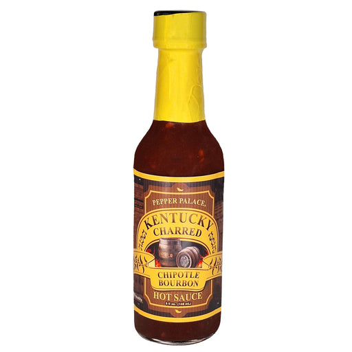 Bottle of Kentucky Charred Chipotle Bourbon Hot Sauce with yellow cap on a white background