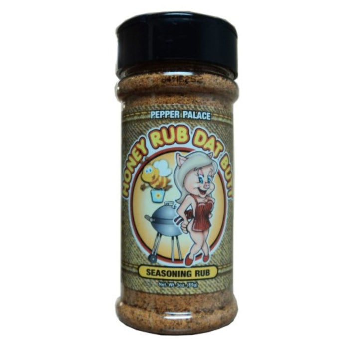 Bottle of Honey Rub Day Out seasoning rub with a cartoon character on the label against a white background.
