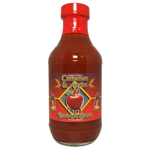 Bottle of Cinnamon & Apples Barbeque Sauce with a red label on a white background