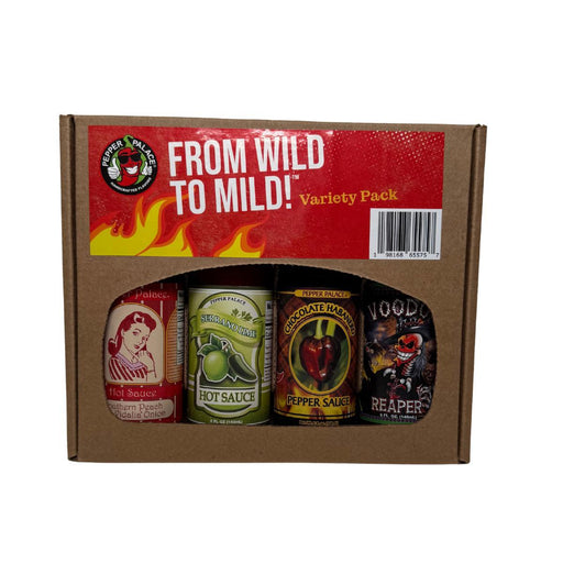 Box of hot sauce variety pack with colorful labels on a white background