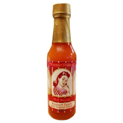 Hot sauce bottle with a red label featuring a vintage-style illustration on a white background