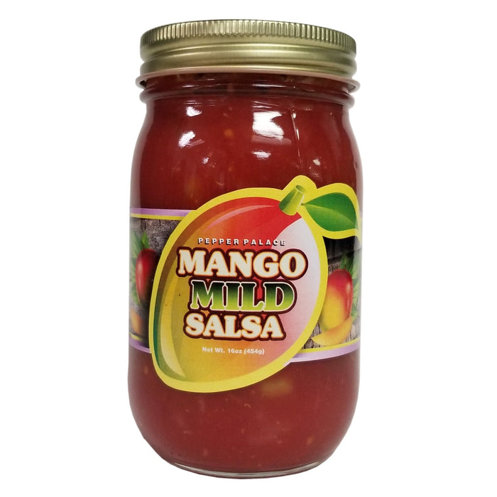 Jar of Pepper Palace Mango Mild Salsa with a gold lid on a white background