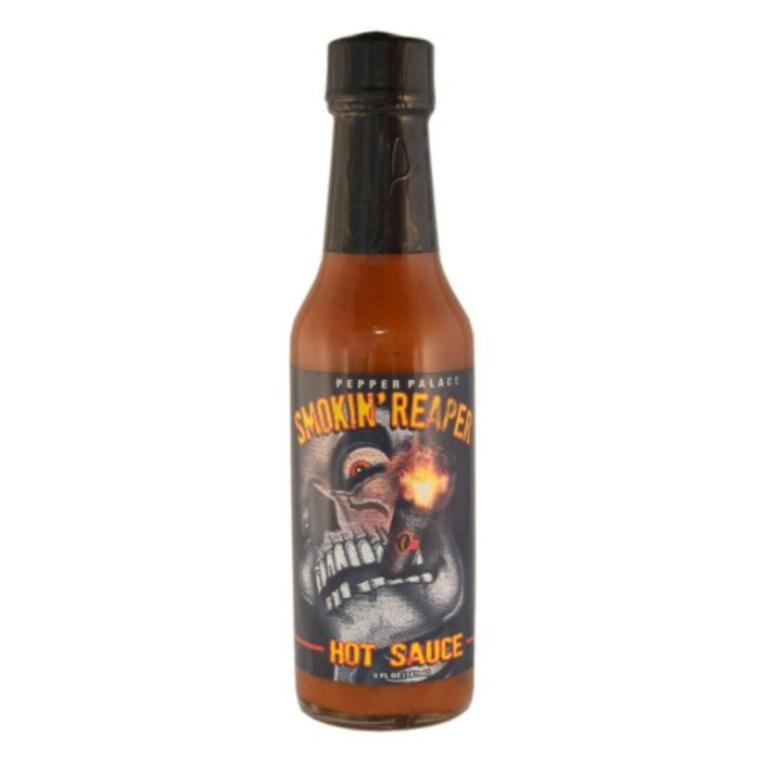 Bottle of Smokin' Reaper hot sauce on a white background