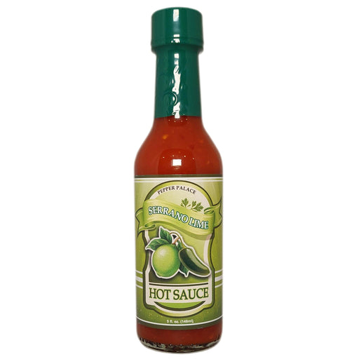 Bottle of Serrano Lime hot sauce with a green cap on a white background