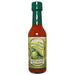Bottle of Serrano Lime hot sauce with a green cap on a white background