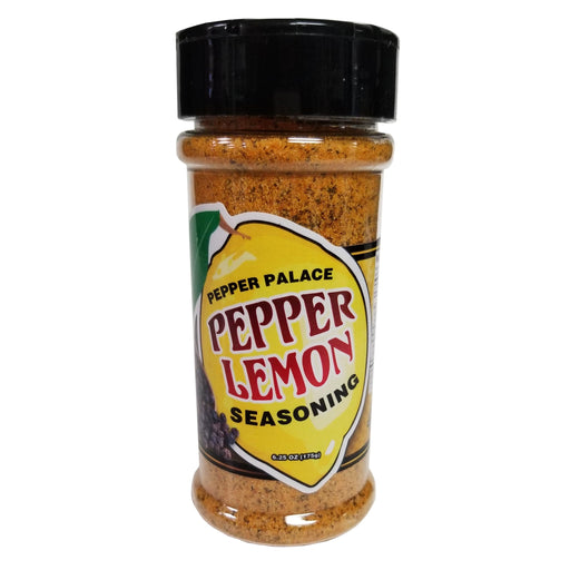 Bottle of Pepper Lemon seasoning with a black lid on a white background