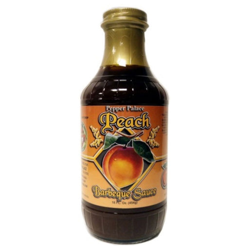 Bottle of Pepper Palace Peach Barbeque Sauce on a white background