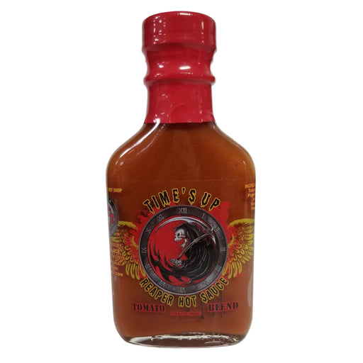 Bottle of Time's Up Reaper Hot Sauce on a white background