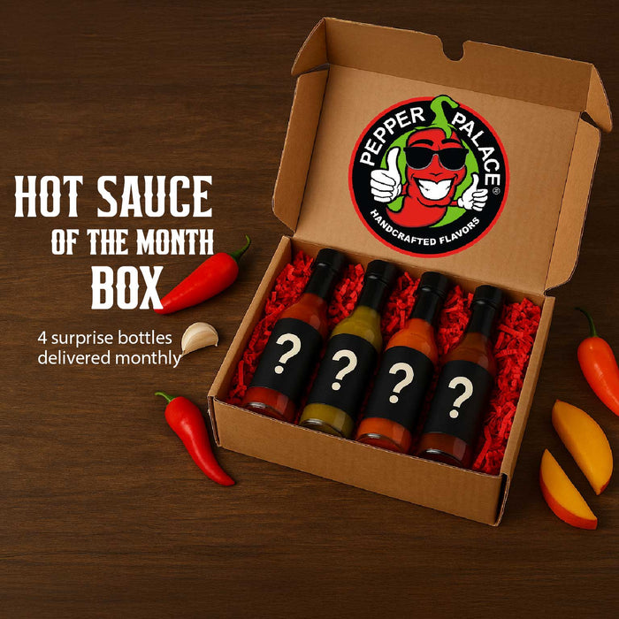 Hot sauce of the month box with question marks on bottles and Pepper Palace branding.