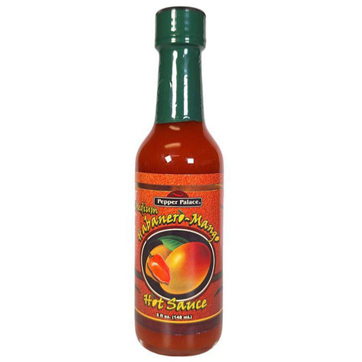 Bottle of Pepper Palace Habanero Mango Hot Sauce on a white background