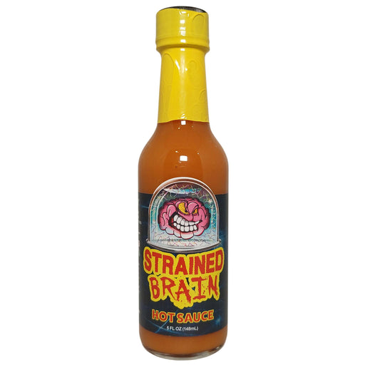 Bottle of Strained Brain hot sauce with a yellow cap on a white background