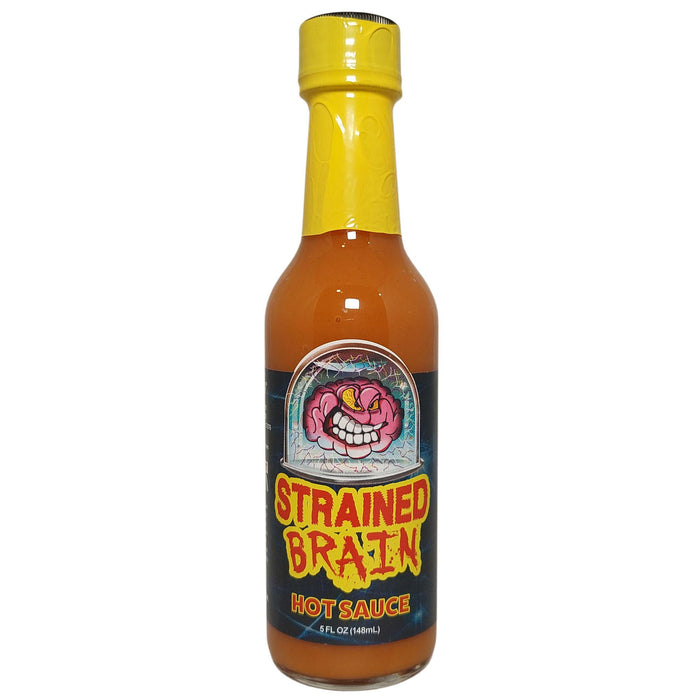Bottle of Strained Brain hot sauce with a yellow cap on a white background