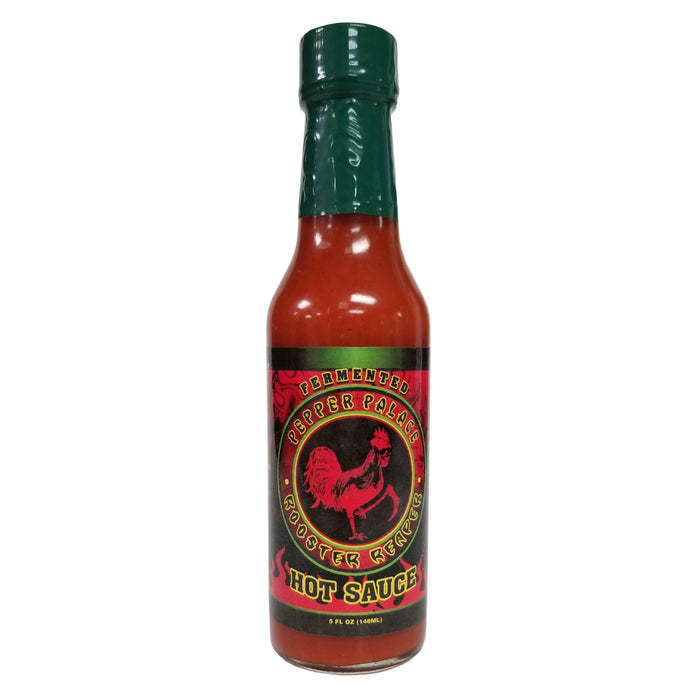 Hot sauce bottle with a red label featuring a rooster on a white background