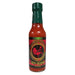 Hot sauce bottle with a red label featuring a rooster on a white background