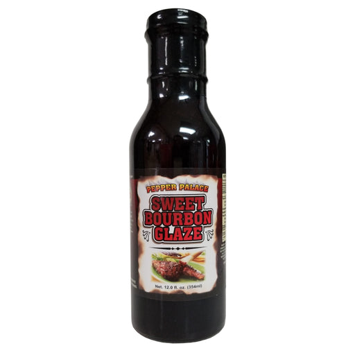 Bottle of Sweet Bourbon Glaze with a label on a white background