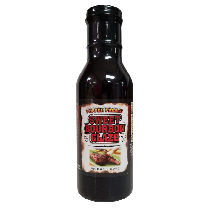 Bottle of Sweet Bourbon Glaze with a label on a white background